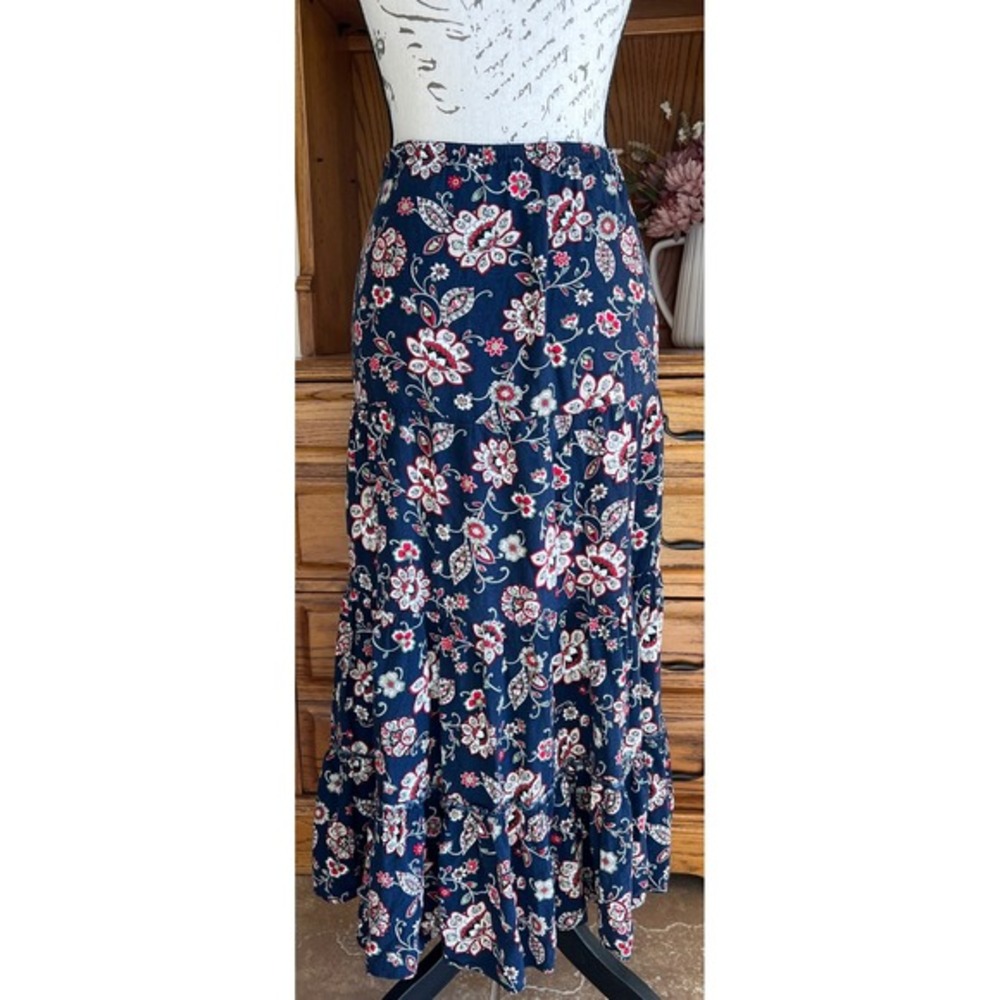 Vintage White Stag Navy Floral Paisley Tiered Maxi Skirt Boho Large 12/14 - Picture 5 of 6